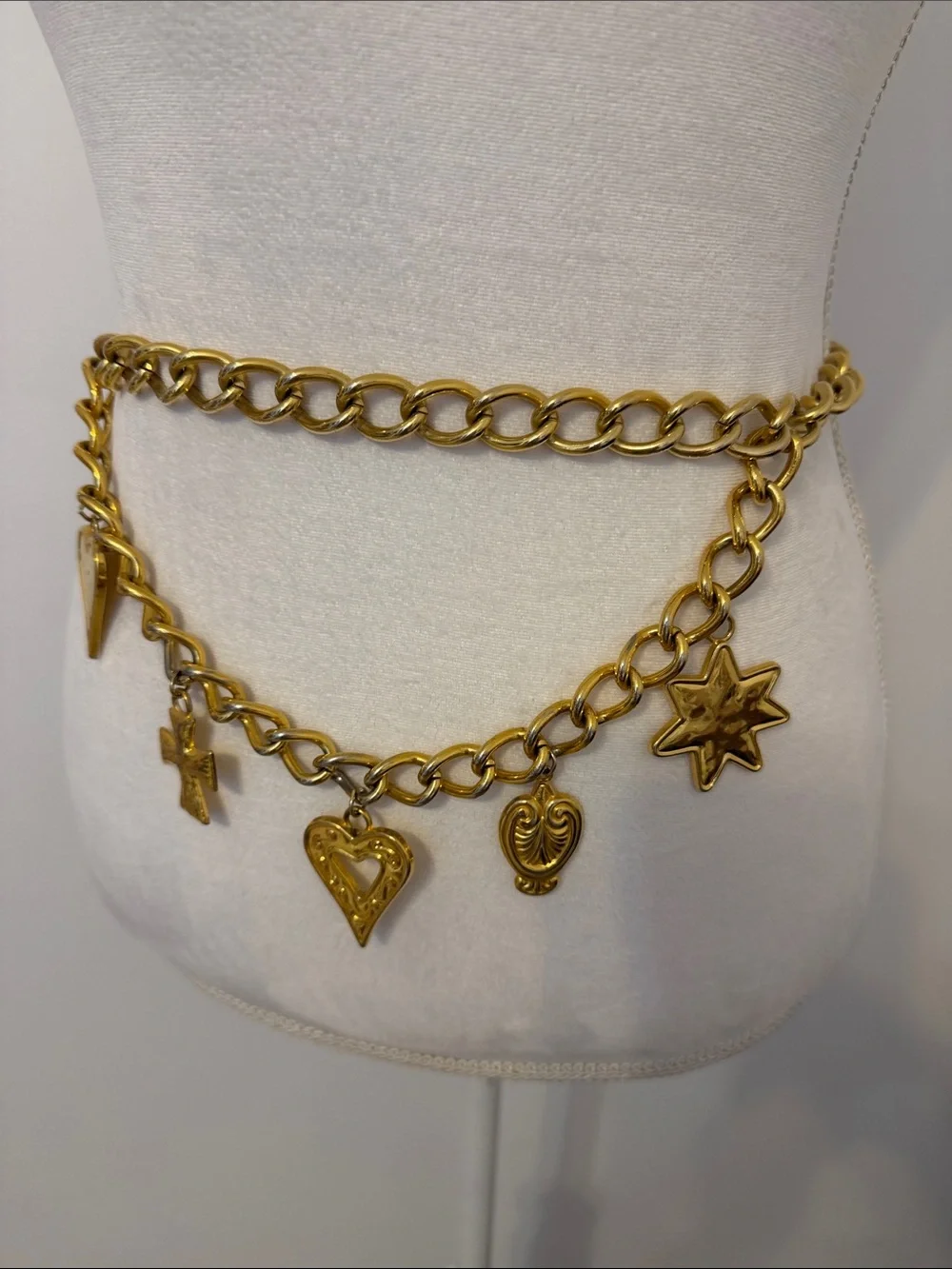 Vintage, Gold Charm Chain Waist Belt with Heart & Star Charms